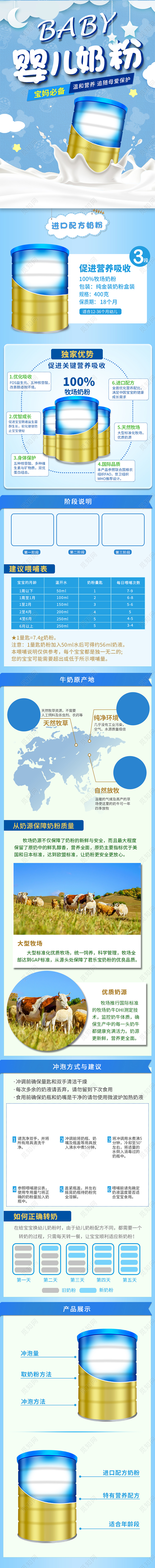 蓝色平面儿童节婴儿奶粉详情页电商模板