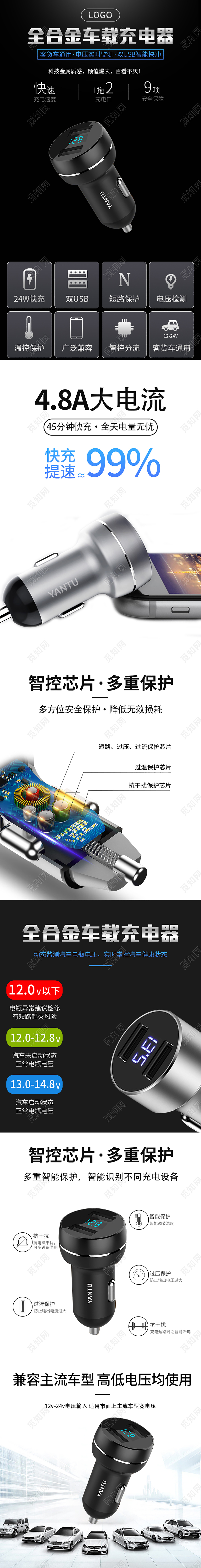 黑色大气智能车载手机充电器详情页模板汽车节