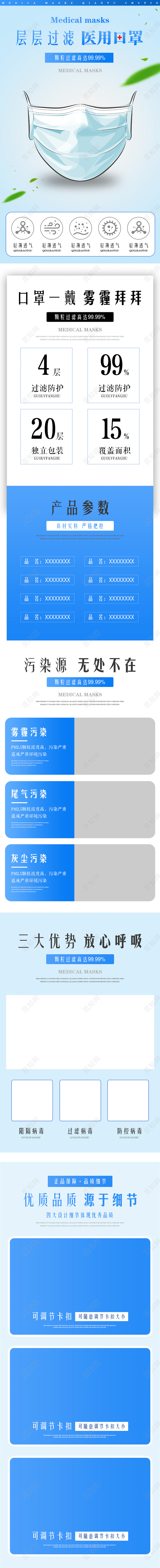 蓝色简约风格层层过滤医用口罩促销淘宝电商详情页口罩详情页