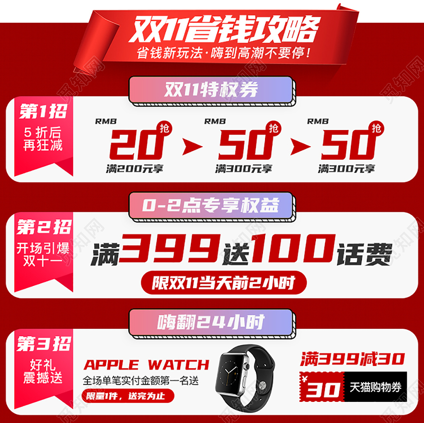 电商淘宝天猫红色大气简约双11省钱攻略双十一预售主图直通车