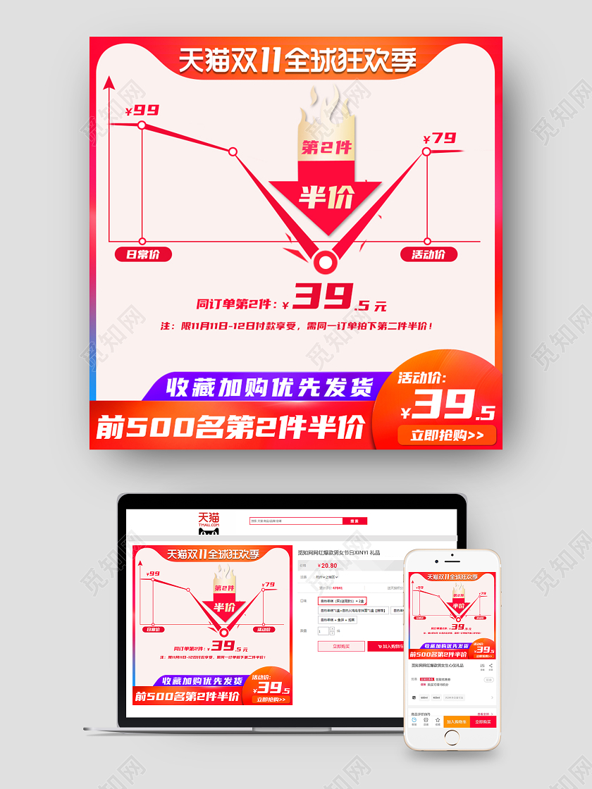 橙色简约天猫双十一全球狂欢季价格曲线主图直通车双十一双11