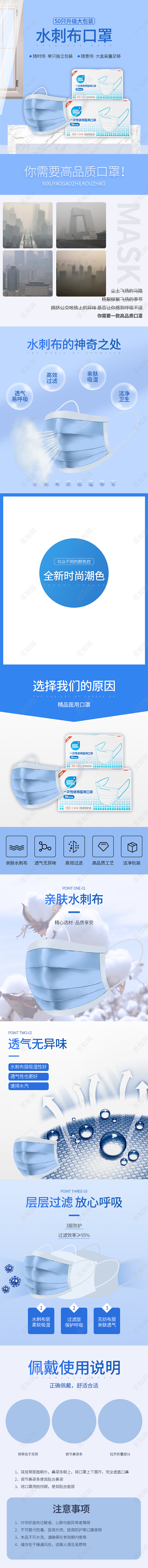 蓝色简约清新医护医用防疫一次性口罩活动促销电商详情页口罩详情页