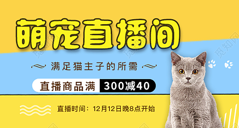 蓝黄色卡通电商宠物直播钻展海报宠物钻展