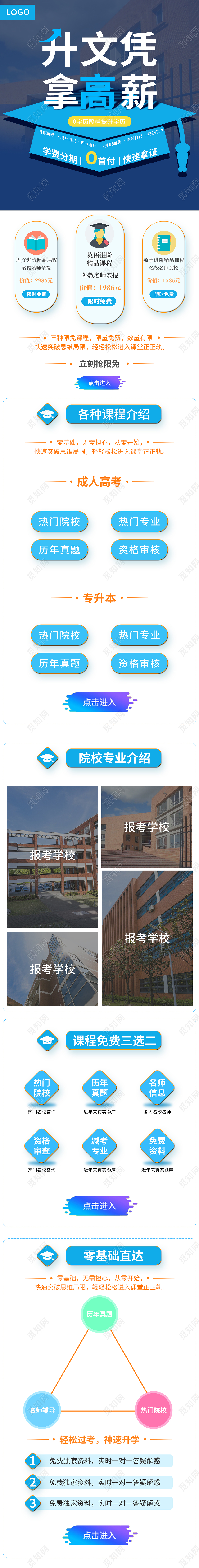 蓝色简约升文凭拿高薪成人学历提升详情页课程详情页