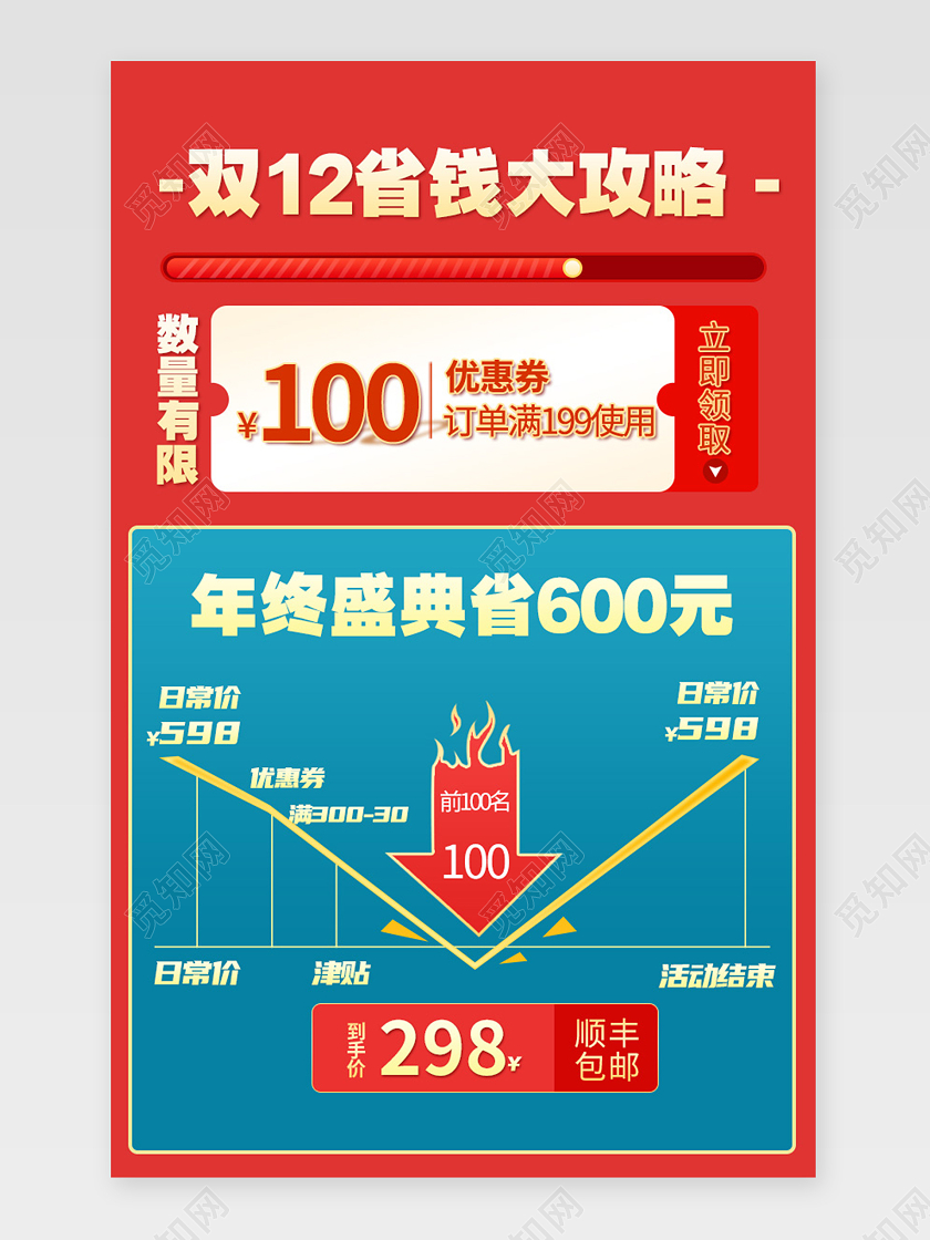 红色简约双十二省钱大攻略详情页双十二详情页关联销售