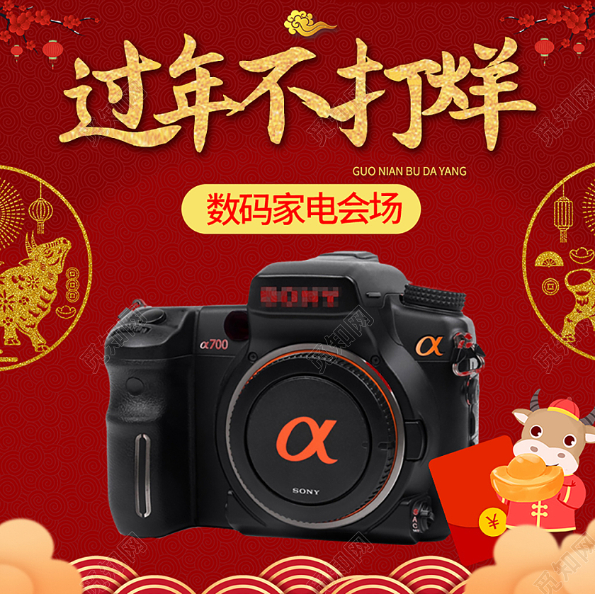 红色简约年货大集年货节数码相机促销过年不打烊主图