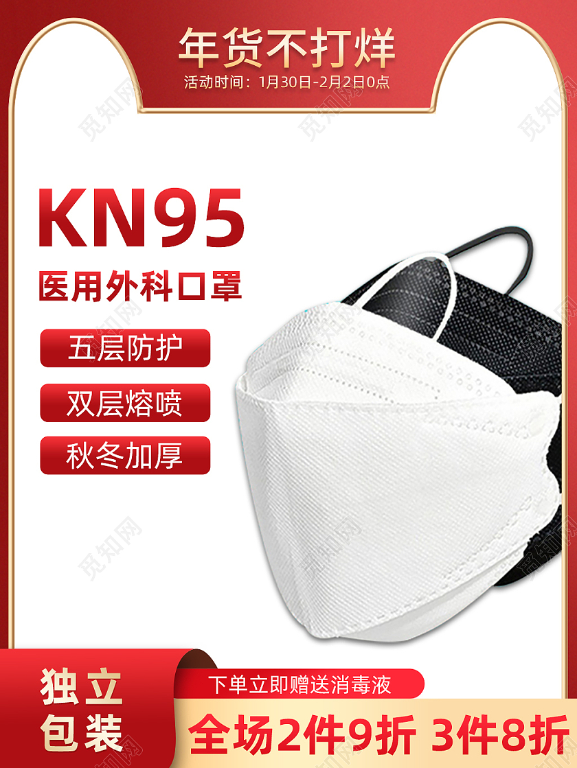 医疗口罩红色简约KN95医用口罩过年不打烊口罩主图