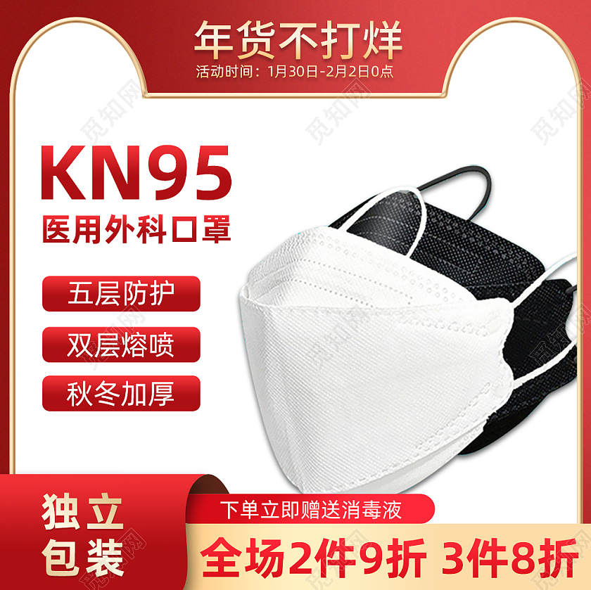医疗口罩红色简约KN95医用口罩过年不打烊口罩主图