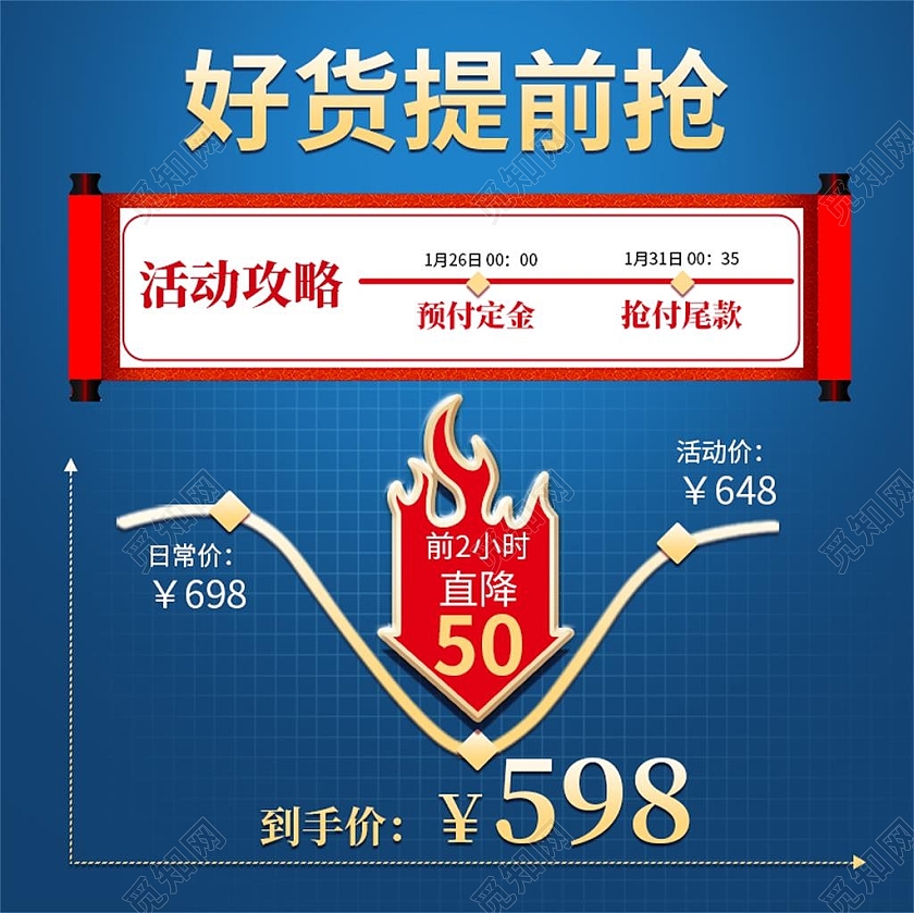 蓝色简约好货提前抢价格曲线主图直通车