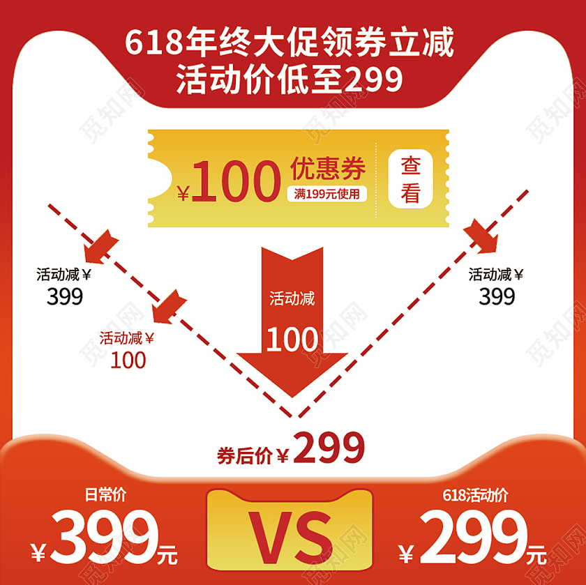 红色大气618年终大促领券立减优惠券618主图直通车