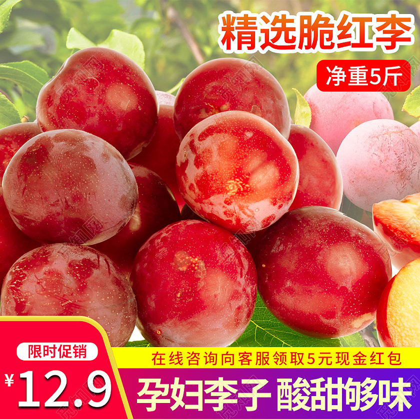 红色简约风精选脆红李水果李子主图直通车