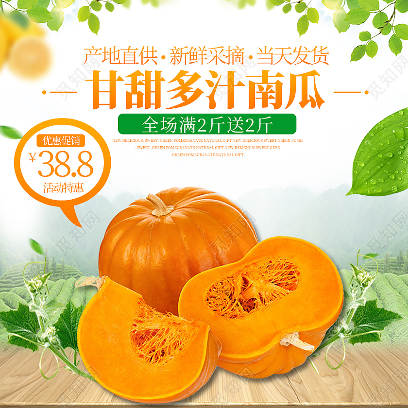 绿色夏季甘甜多汁南瓜新鲜采摘优惠促销电商淘宝蔬菜主图