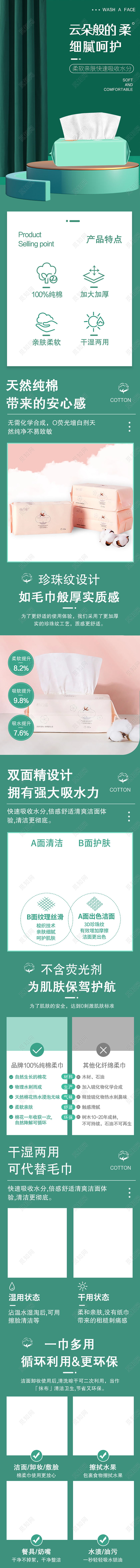 绿色简约云朵般的柔细腻呵护洗脸巾详情页洗护洗脸巾详情页