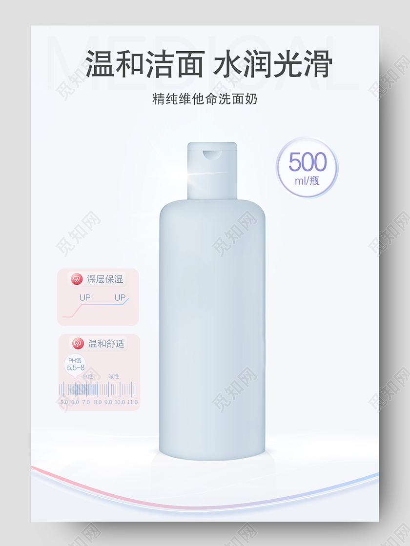 蓝色简约清新温和洁面水润光滑洗面奶洁面乳化妆品洁面乳洗面奶详情页