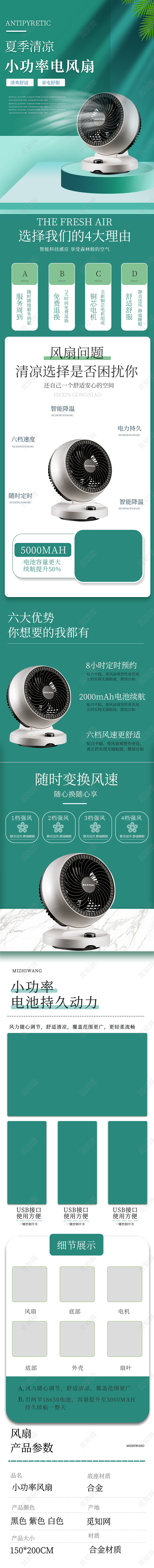 绿色夏季清凉小功率风扇电商淘宝京东详情页夏季风扇详情页模板