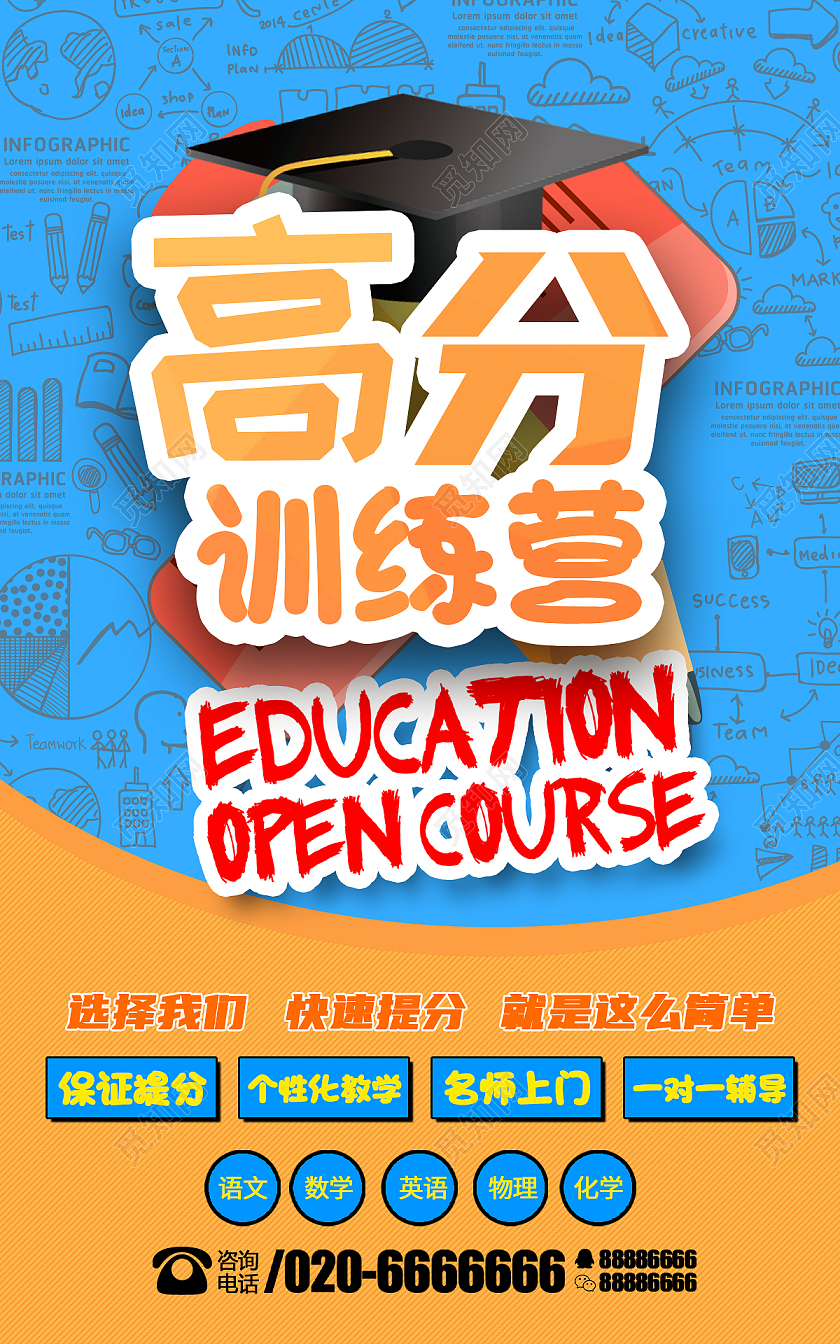 橙色蓝色卡通高分训练营招生海报