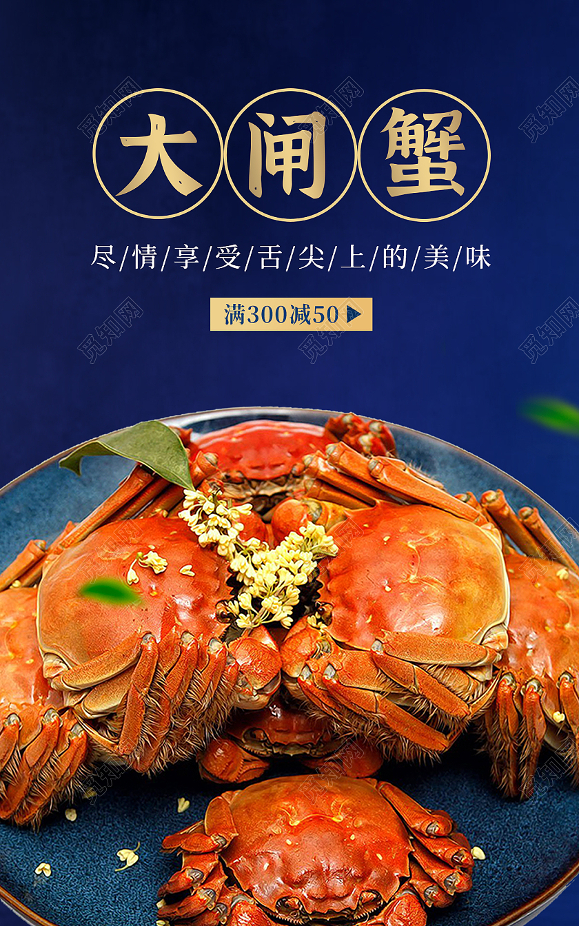 蓝色背景简约风格大闸蟹海报美食海报banner