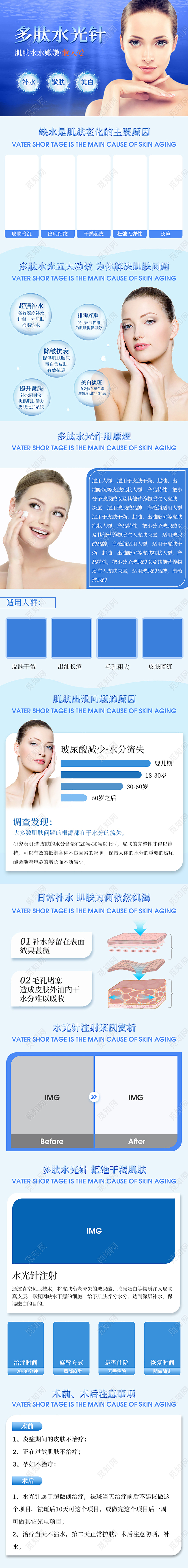 蓝色简约多肽水光针补水嫩肤美白淡斑排毒养颜玻尿酸医美详情页