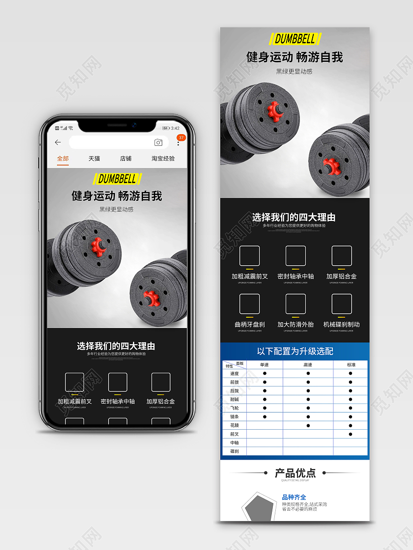黑色大气健身器材哑铃京东淘宝天猫健身用品详情页