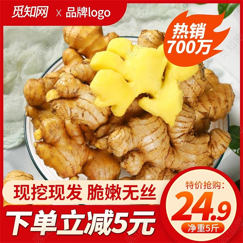 红色简约美味蔬菜生鲜生姜直通车主图