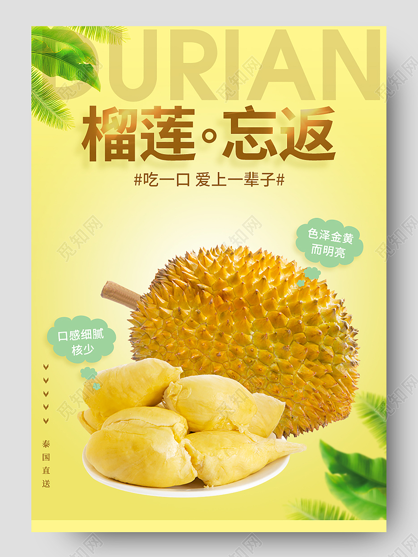 黄色简约泰国金枕头榴莲甜糯滑香榴莲忘返色泽金黄水果榴莲详情页