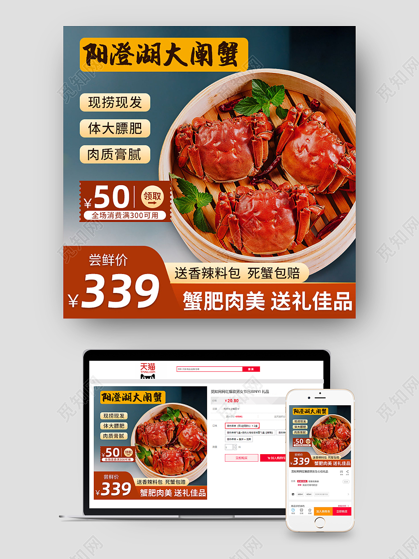 绿色实拍阳澄湖大闸蟹螃蟹食品主图直通车