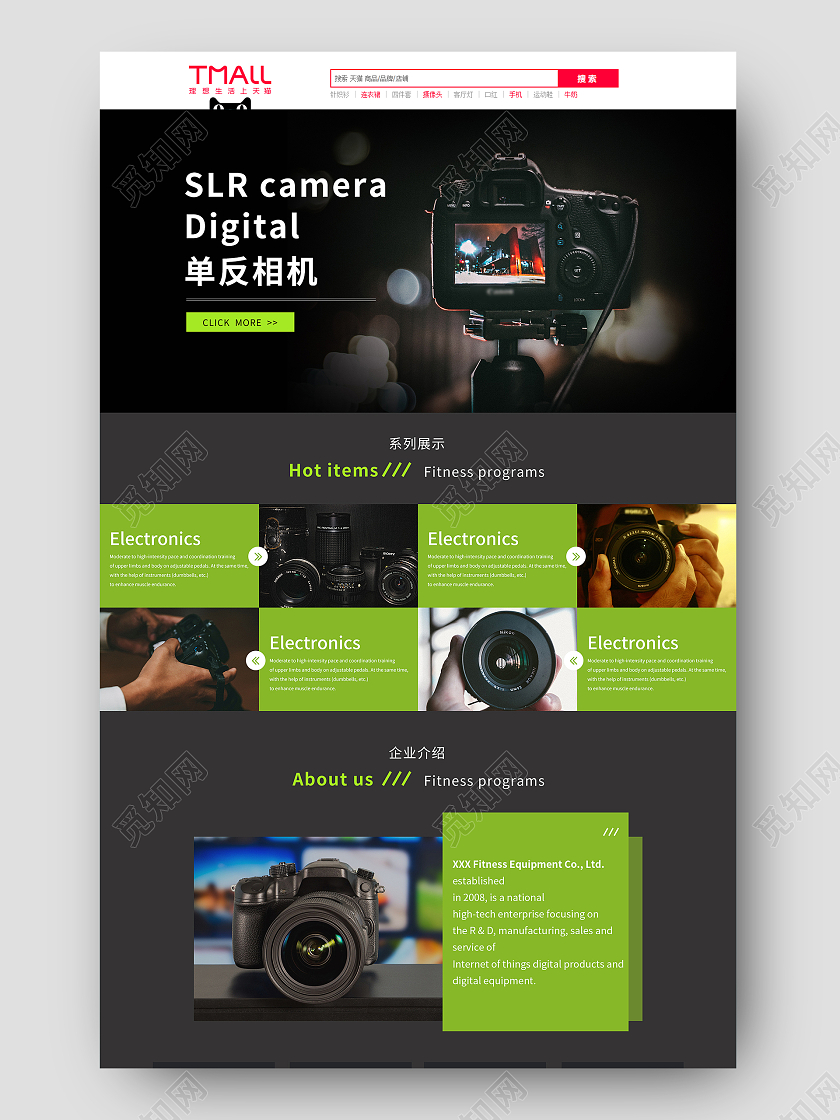 黑绿简约大气数码单反相机跨境电商首页