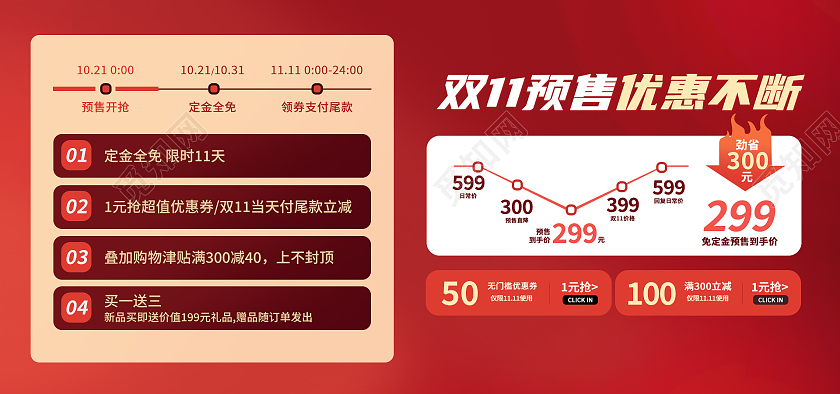 红色简约风双十一双11大促时间轴预售海报banner