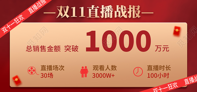 红色简约双11直播战报双十一双11直播海报banner