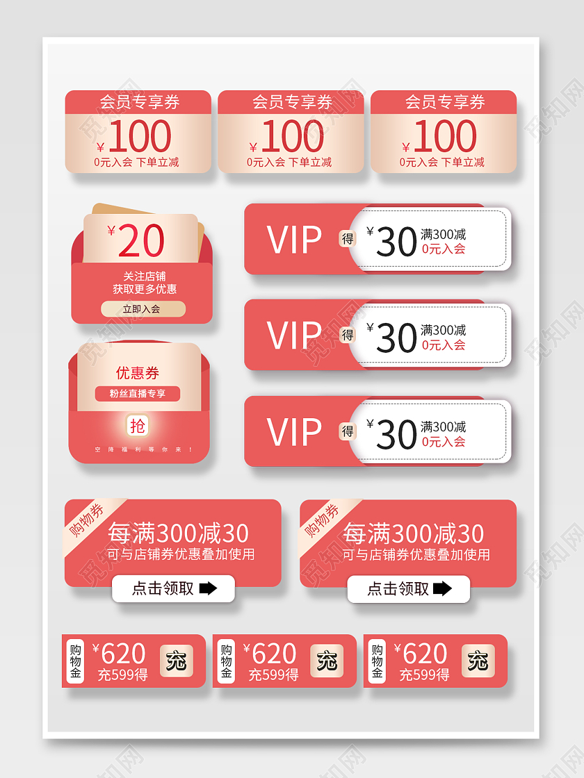 vip红色优惠券会员专享券粉丝专享券关注店铺双11双12大促优惠券促销标签