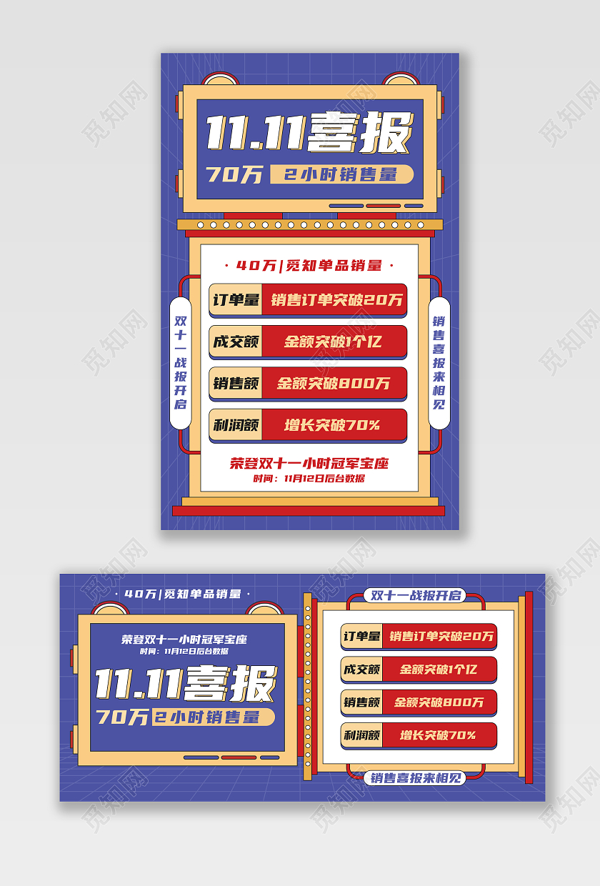 蓝色孟菲斯活动双十一战报喜报通知海报设计双十一战报banner
