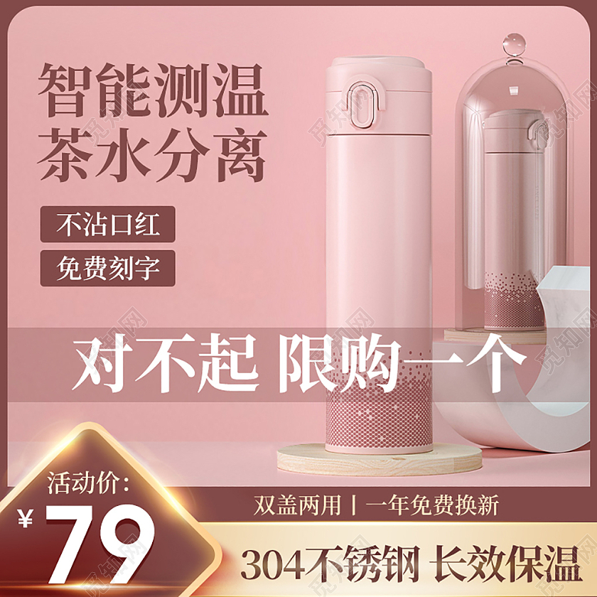 棕色简约小清新智能测温茶水分离304不锈钢冬季保温杯杯子主图