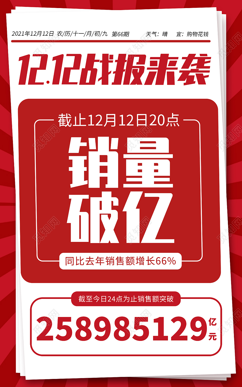 红色平面风格战报来袭双十二双12占比海报banner