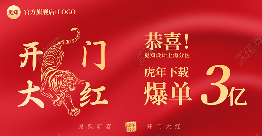 红色简约新春虎年开门开门红大吉海报