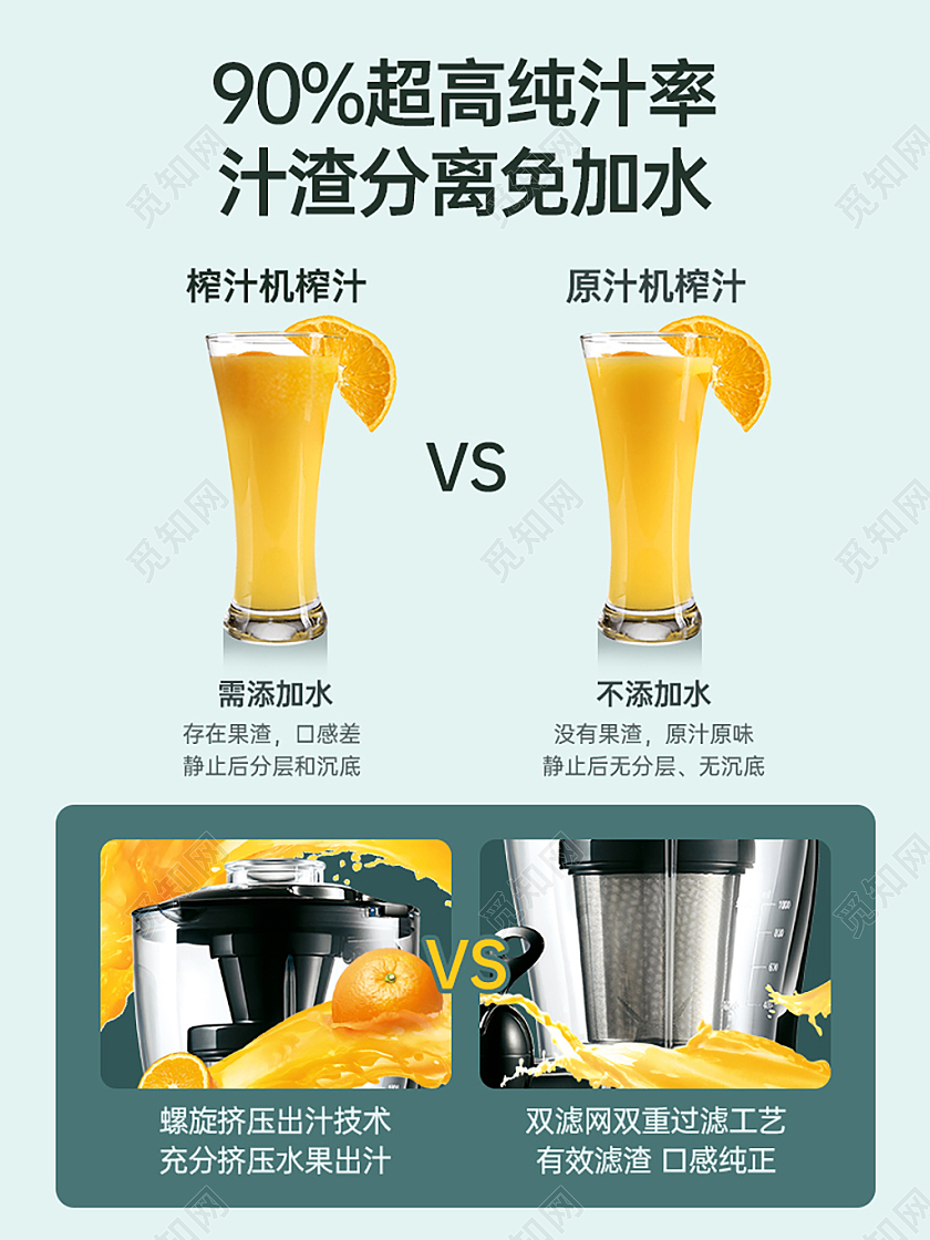 榨汁机原汁机主图 青绿色原汁机与榨汁机对比详情文案直通车电器主图