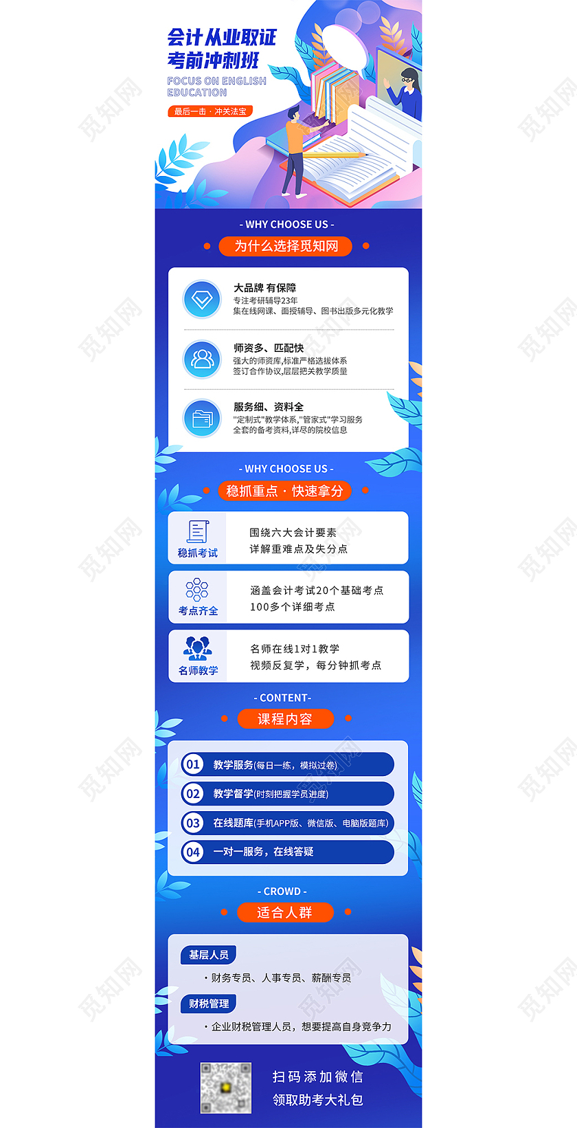 蓝色扁平卡通插画风会计从业考试培训财会专题UI微信长图财务培训
