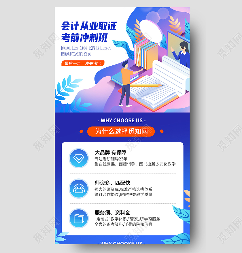 蓝色扁平卡通插画风会计从业考试培训财会专题UI微信长图财务培训