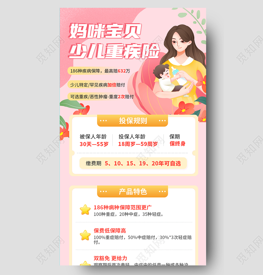 粉色手绘卡通温馨母婴新生儿保险投保宣传手机长图金融