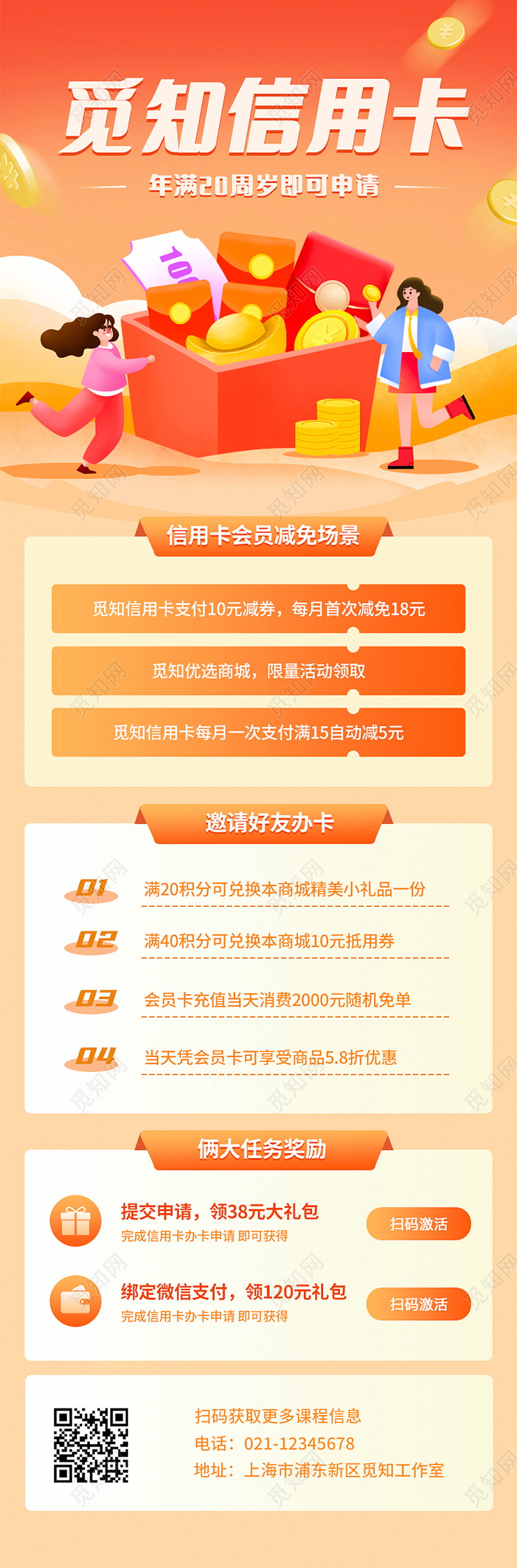 橙色卡通觅知信用卡金融手机长图