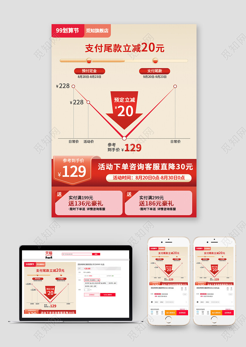 红色渐变99划算节优惠券天猫主图直通车
