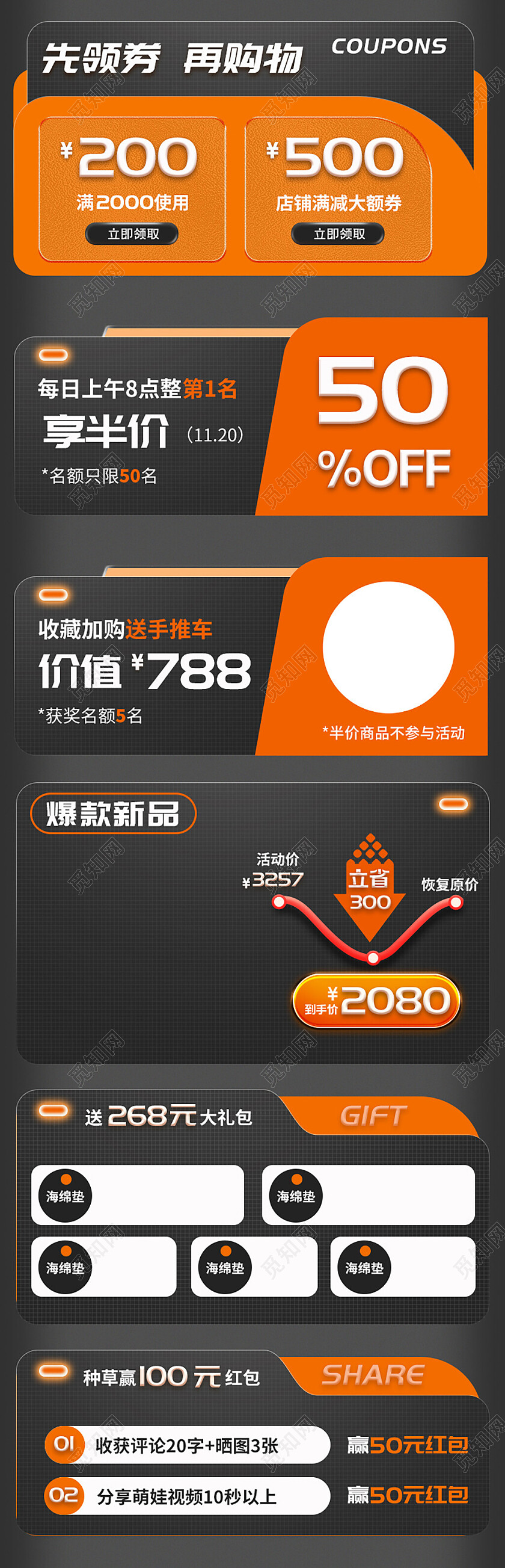 黑橙色质感简约风格优惠券促销模块关联销售电商优惠券