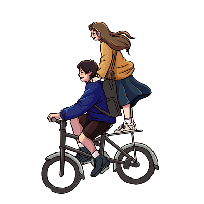 卡通手绘浪漫情侣自行车打闹插画素材