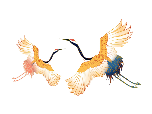 彩色手绘国潮卡通仙鹤飞鹤国潮元素png素材