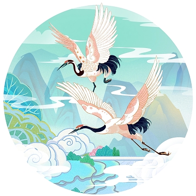 国潮山水手绘仙鹤插画国潮仙鹤