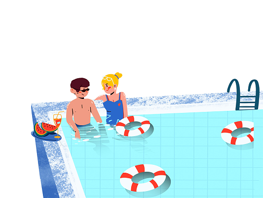 彩色手绘卡通情侣游泳池游泳圈夏天元素png素材