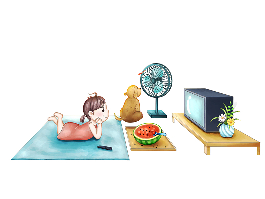 彩色手绘卡通立夏女孩吃西瓜看电视吹风扇夏天元素png素材