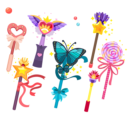 透明儿童节魔法棒月亮翅膀爱心星星卡通扁平免扣插画素材