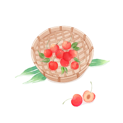 古风水彩樱桃竹筐手绘包装插画元素
