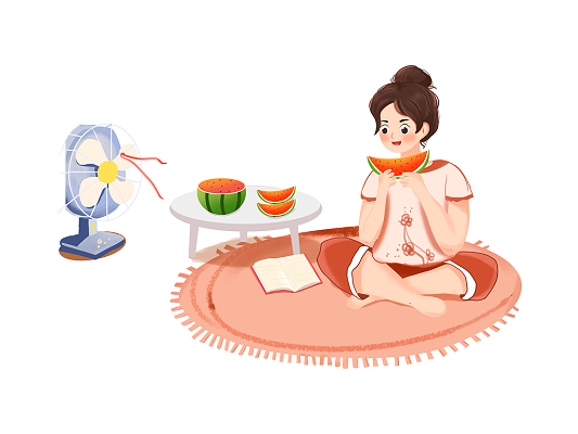 彩色手绘卡通女孩吃西瓜吹风扇夏天元素png素材