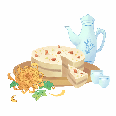 手绘卡通重阳糕重阳节原创插画素材重阳节菊花酒元素重阳糕元素